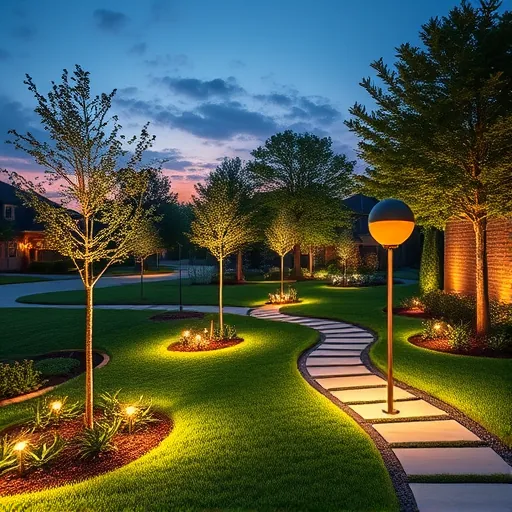Completed outdoor lighting installation in Highland Village TX illuminating landscaped lawns, trees, and pathways during twilight