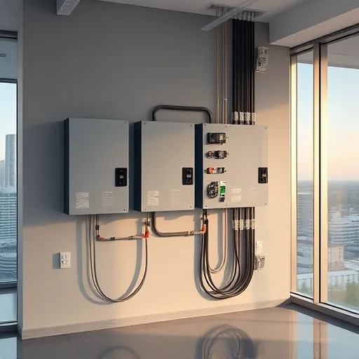 Completed electrical installation in a modern Southlake office, featuring sleek panels, organized wiring, and ambient lighting.