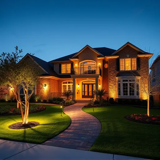 Lighting installation on a modern Flower Mound house with landscaped yard and twilight sunset glow.