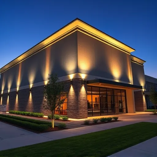 Meticulously lit commercial building in Fort Worth TX features LED fixtures, modern design, and elegant landscaping.