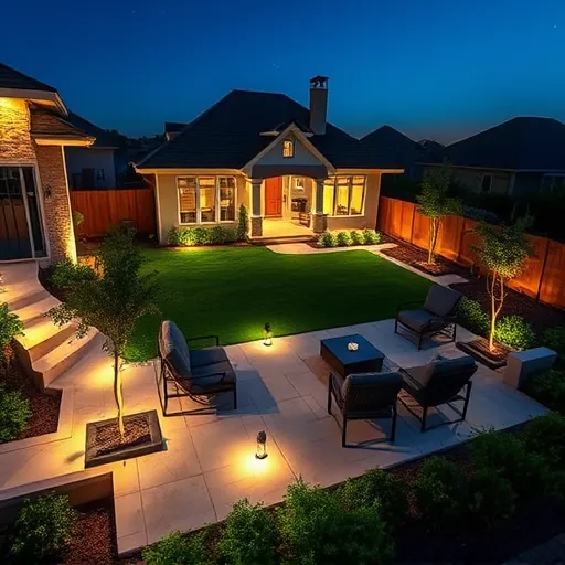 Expert residential outdoor lighting in Haslet TX highlighting LED fixtures, landscaped yard, patio, and modern furniture
