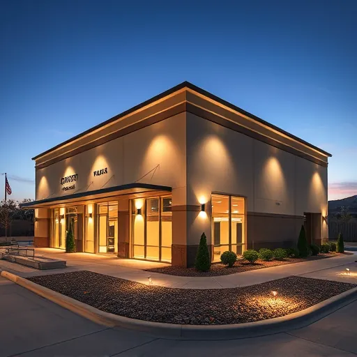 Modern commercial building in Haslet TX illuminated by warm LED exterior lighting with sleek architecture and landscaped surroundings