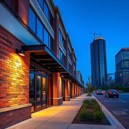 Freshly installed LED lighting on a Fort Worth commercial building exterior highlighting craftsmanship under a twilight sky
