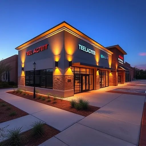Lighting installation on modern commercial building in Denton TX with LED fixtures illuminating facade and sidewalk at dusk