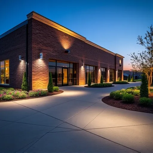 Lighting installation in Haltom City TX features a modern outdoor commercial space with warm LED lights, brick walls, and twilight sky