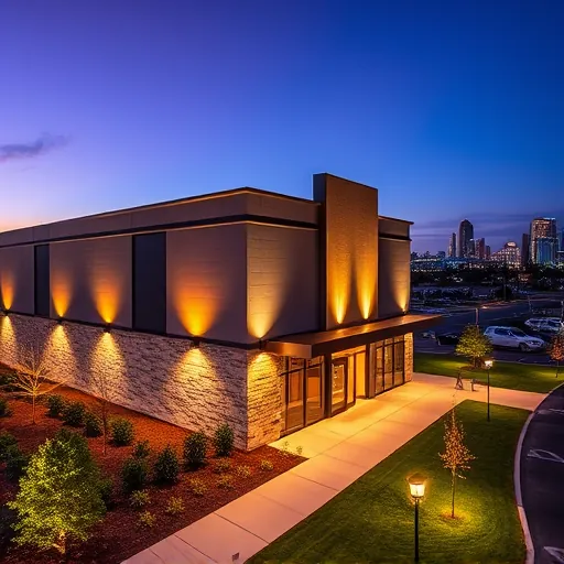 Modern Arlington TX commercial building exterior lit by precise LED lighting highlighting architecture and landscaping at twilight