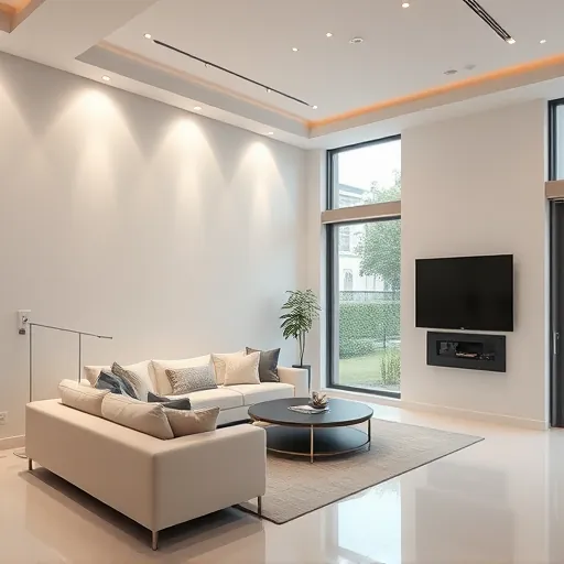 Modern living room in Lewisville TX featuring sleek electrical installation with recessed lighting and seamless outlets.