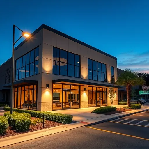 Modern building exterior in Watauga TX lit by energy-efficient LED outdoor lighting with landscaped surroundings and sunset sky