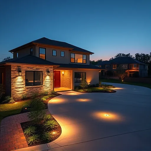 Modern residential exterior in Coppell TX with illuminated stone accents pathways lush garden greenery at dusk