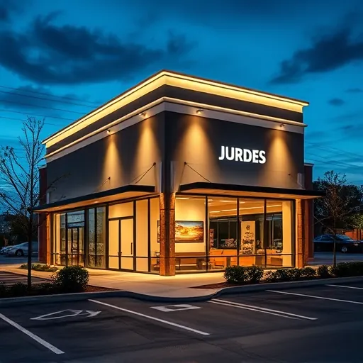 Freshly installed modern LED commercial lighting illuminating a Hurst TX storefront at dusk with a landscaped parking lot in soft evening light
