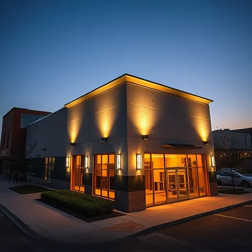 Completed modern commercial building lighting installation in Fort Worth with LED fixtures illuminating at dusk