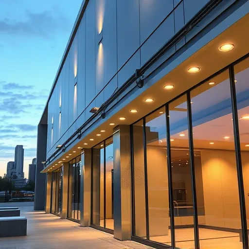 Fresh lighting installation in Fort Worth TX features modern fixtures and a polished building facade enhancing its architecture.