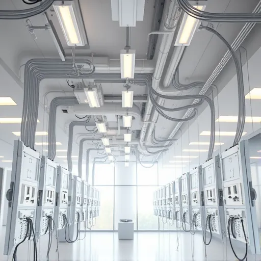 Modern electrical installation in Mansfield TX featuring neat wiring, advanced panels, and innovative lighting in a bright office.