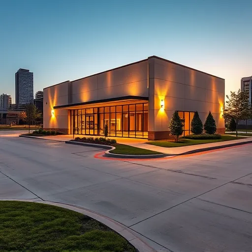 New lighting installation in Denton TX highlights modern commercial building with energy-efficient LED fixtures, enhancing architecture and landscape.