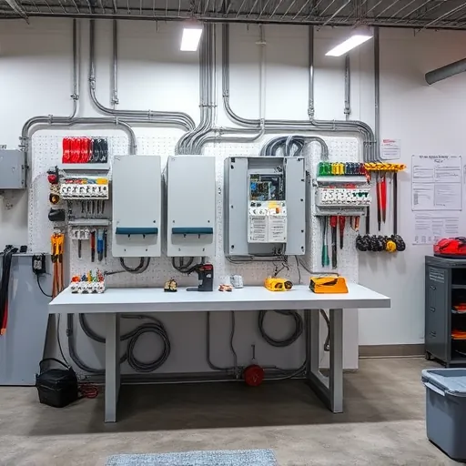 Completed electrical installation in Grapevine TX with organized panels, wiring, and modern tools in a spacious workshop.