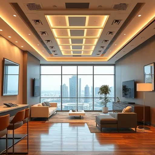 Perfectly installed modern LED lighting in a stylish Irving TX interior with polished floors and city views
