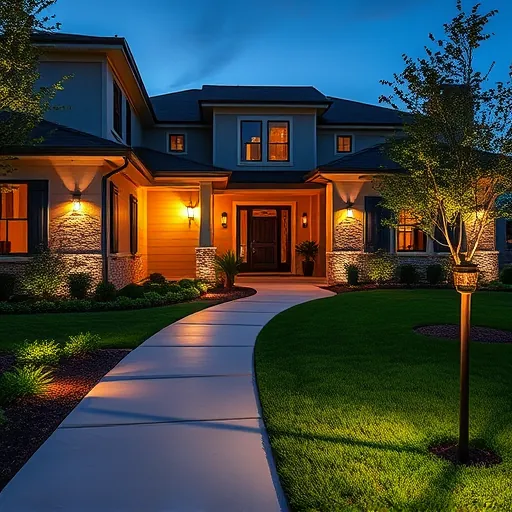 Lush landscaped residential home in Richland Hills Texas with warm LED exterior lighting highlighting architecture and landscaping