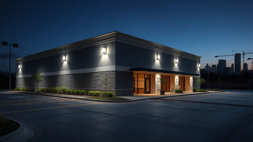Completed exterior accent lighting on a modern Fort Worth home highlighting brick walls arched windows and landscaping at dusk