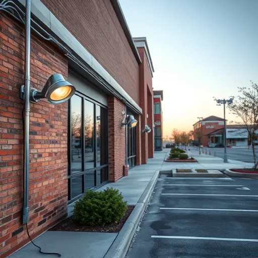 Lighting fixtures installed outside a modern commercial building in Hurst TX with landscaped surroundings and a streetscape backdrop