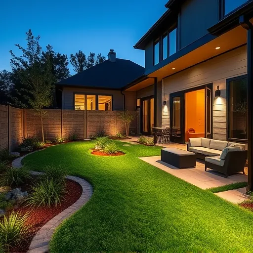 Completed outdoor lighting installation in Benbrook TX illuminating lush greenery pathways and a modern backyard at dusk