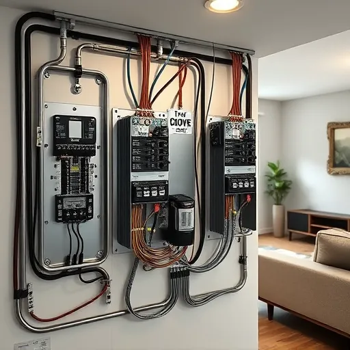 Modern electrical panel in stylish Aledo TX home highlighting intricate wiring and polished surfaces in a well-designed space.