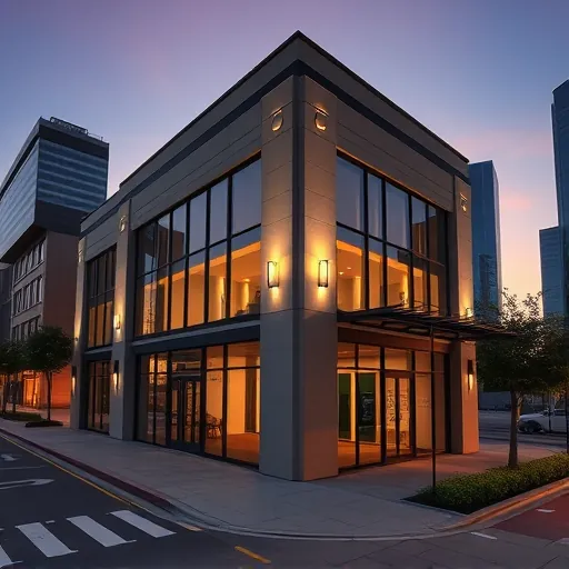 Professionally completed LED lighting installation on a modern building in downtown Fort Worth at dusk.