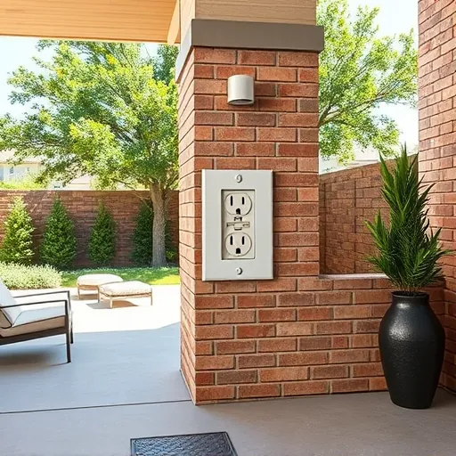 Freshly installed outdoor electrical outlet on textured brick wall in Fort Worth Texas with landscaped patio and ambient sunlight