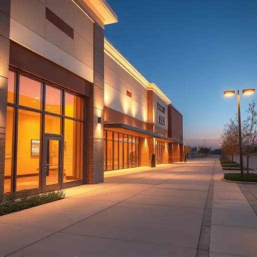 Modern commercial building in Lewisville TX illuminated by outdoor LED lighting highlighting architecture and creating inviting ambiance