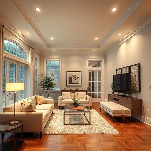 Recently completed custom LED lighting in a Fort Worth modern living room highlighting sleek design, natural light, and warm ambiance