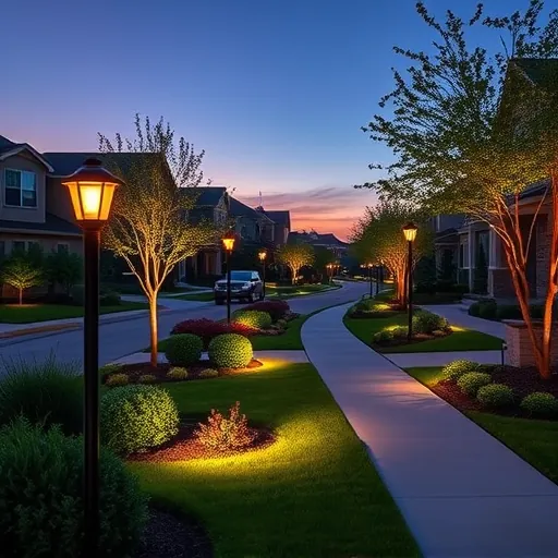 Beautiful outdoor lighting installation in Benbrook Texas illuminating landscaped streets at dusk with warm inviting glow
