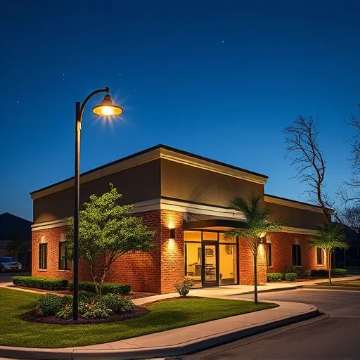 Newly installed modern outdoor lighting illuminates a commercial building in Crowley Texas, highlighting craftsmanship and safety
