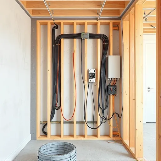 Organized electrical wiring in an open wall cavity with color-coded cables, electrical boxes, and secure connections in a home renovation scene