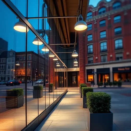 Modern commercial lighting system enhances storefront in Fort Worth, showcasing local architecture and inviting ambiance.