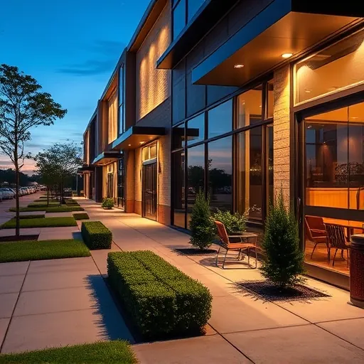 Completed outdoor LED lighting installation in Watauga TX highlighting modern building, lush greenery, and twilight ambiance
