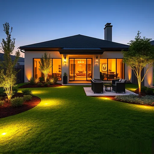 Completed modern outdoor lighting installation in Joshua Texas illuminating landscaped backyard, house, and patio at twilight