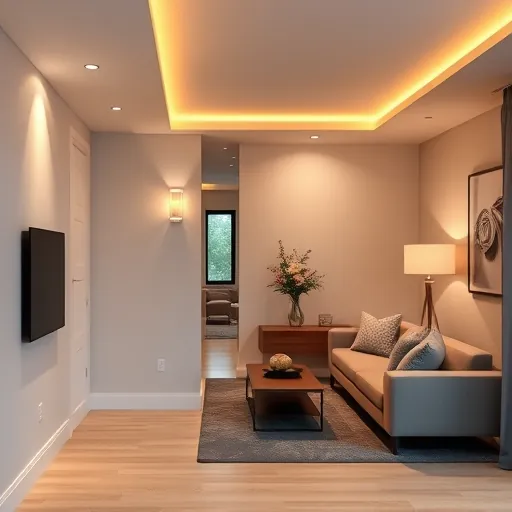 Completed electrical installation in Watauga TX featuring modern living room with smart lighting and minimalist decor.