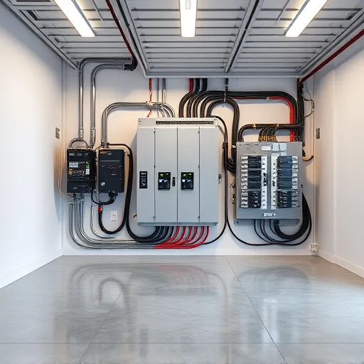 Completed electrical installation in Southlake TX featuring modern panels, organized wiring, and polished concrete floor.