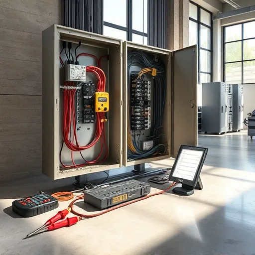 Upgraded electrical panel in a modern Fort Worth garage with textured walls, conduit, organized tools, polished floors, natural lighting