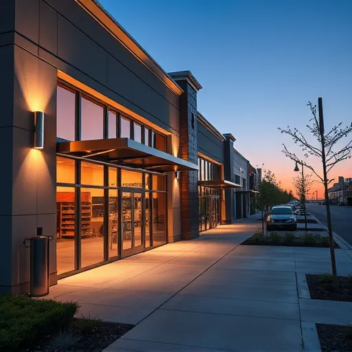 Modern commercial building in Crowley Texas with warm illuminated sleek lighting fixtures highlighting architecture at twilight