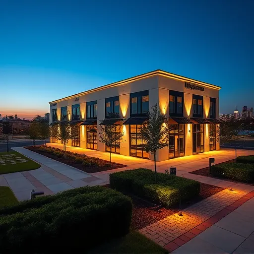 Modern commercial building in Grand Prairie TX illuminated by stylish lighting and landscaped with decorative pathways.