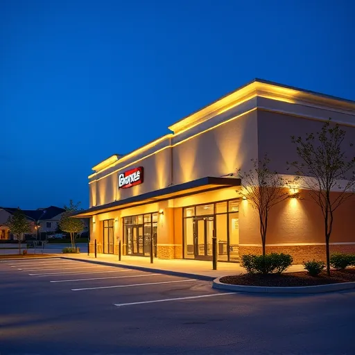 Recently installed outdoor lighting on a modern commercial building in Burleson Texas at dusk highlighting fixtures and landscape details