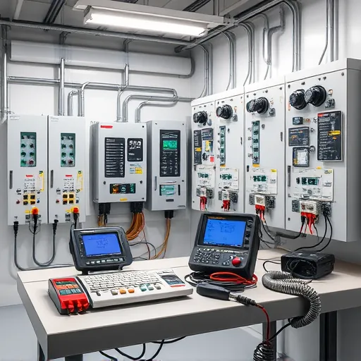 Modern electrical utility room with organized panels, circuit breakers, digital meters, and troubleshooting tools showing electrical expertise