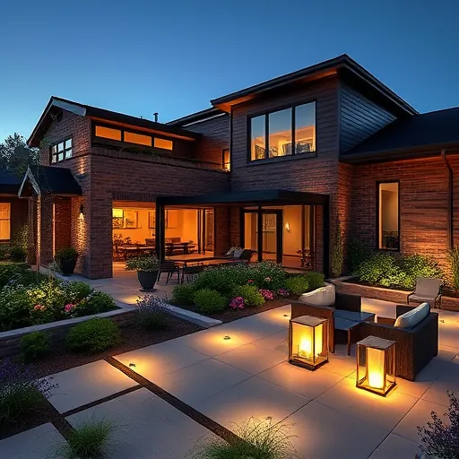 Outdoor illuminated patio in Aledo Texas featuring stylish brick and wood siding, lush landscaping, and cozy seating area