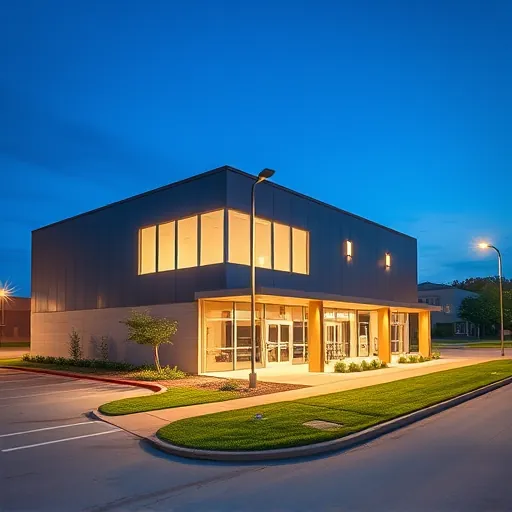 Spacious commercial building in Bedford TX featuring custom LED lighting, modern architecture, and well-maintained landscaping.