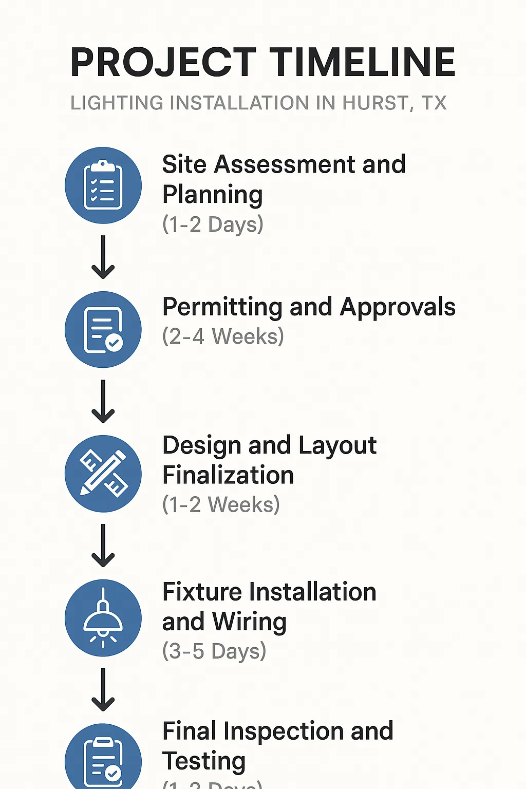 Infographic visualizing a five-step lighting installation timeline for Hurst TX including assessments, approvals, design, installation, and inspection.