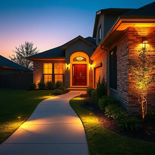 Modern residential exterior lighting in Burleson TX highlighting architectural details, lush front yard, and evening ambiance