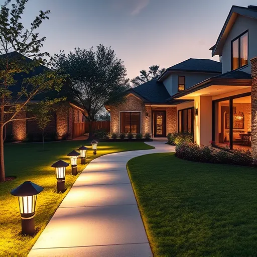 Recently installed exterior lighting on a modern North Richland Hills home highlighting architecture and landscaping at twilight