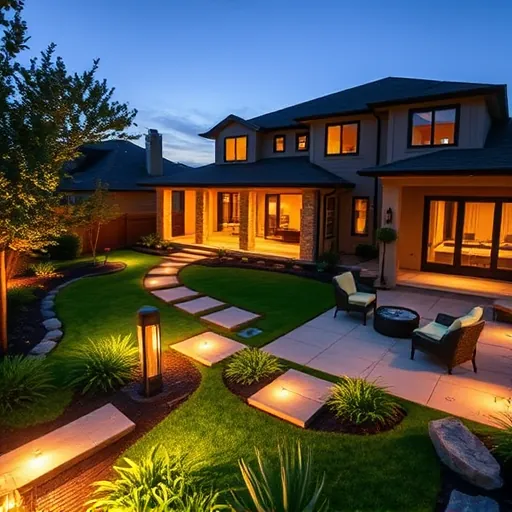 Residential backyard at dusk in Highland Village TX with landscape lighting illuminating pathway, garden, patio, and water feature