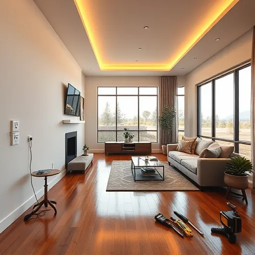 Modern living room in Watauga TX featuring sleek electrical fixtures, smart devices, and ambient LED lighting.