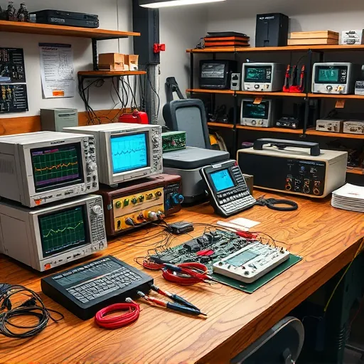 Organized electronics workshop with circuit boards, testing equipment, and precision tools on a polished wood workbench